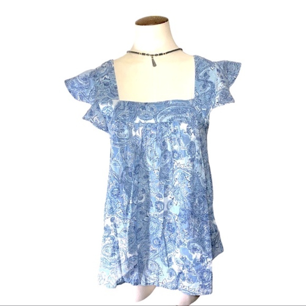 Rachel Zoe Boho Paisley Blue Floral Breezy Top Short Sleeve Cottage Cores sz XS